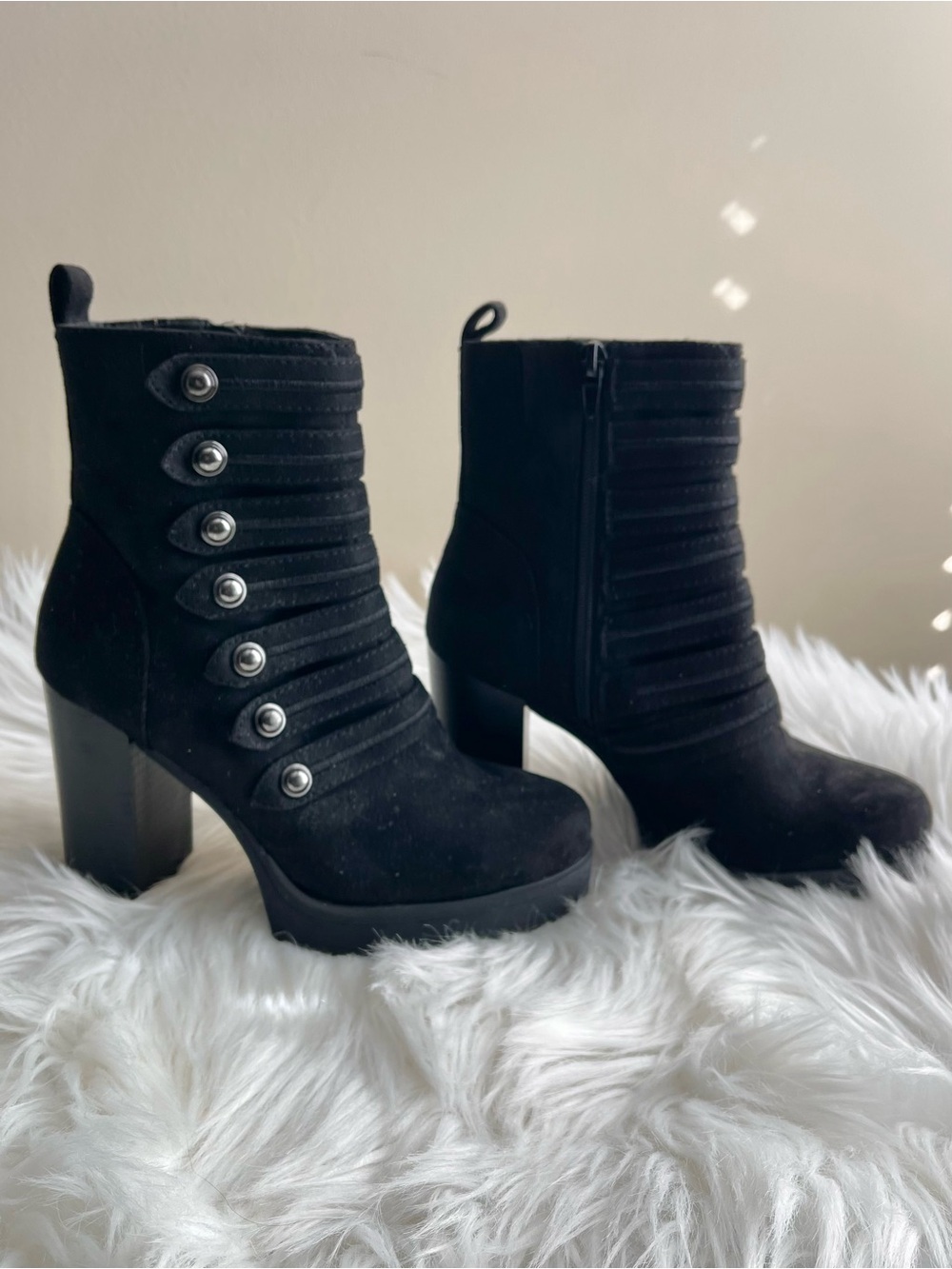 Black Suede Chunky Heel Ankle Boots Military Witchy Emo Goth Steampunk